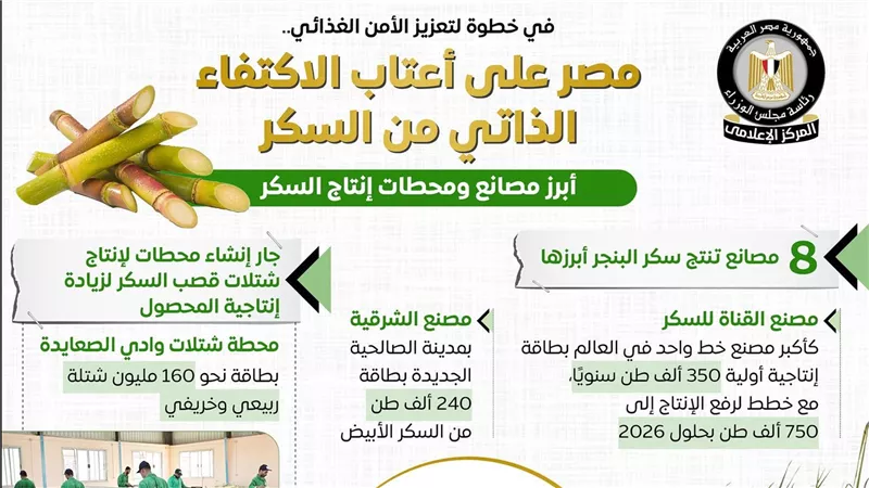 تقرير :مصر على أعتاب تحقيق الاكتفاء الذاتي من السكر بدءًا من 2026