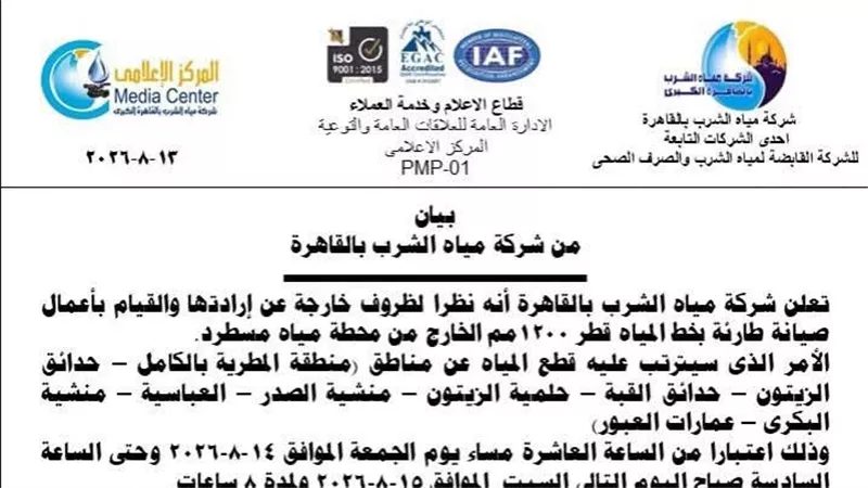 انقطاع المياه عن عدة مناطق بالقاهرة بسبب أعمال صيانة طارئة