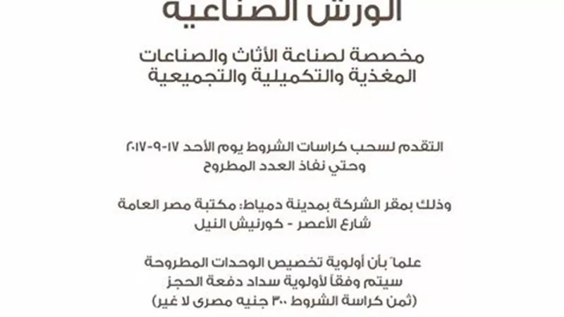 الأحد..طرح ورش لصناعة الأثاث بـ«دمياط» 